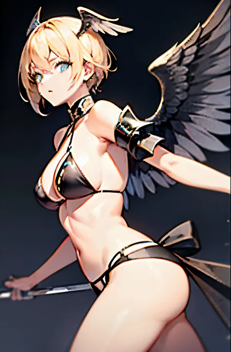 Fallen angel adult woman with blonde blue eyes and military cut hairstyle　a bird&#39;The wings on the back are painted large and black..　Equipped with a sword and shield　Illustration Touch　bikini-armor