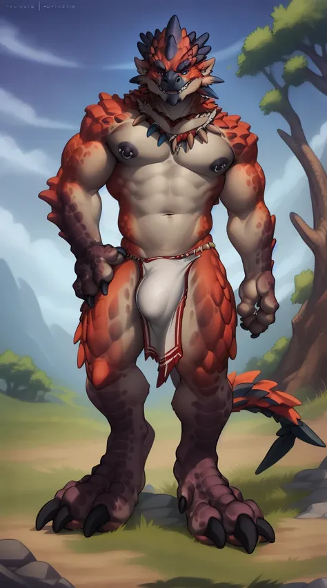 (by tojo-the-thief), a full body, top down view of an anthro muscular rathalos looking at the viewer, in ((tribal clothing)), nipples, male, standing, bulge, loincloth, bone necklace, armbands, nipple piercing, feet, big feet, large feet, padded feet, coun...