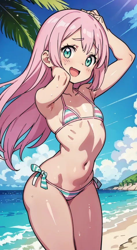 (( 1girl in)), (NSFW)、blush,Pink hair、Parted bangs、Forehead、white forehead protector、green colored eyes、(((Pink striped bikini))) ,the beach、((tiny chest))、big butts、((thick thighs))、Sweat、((:D))、Surprised、(Straight hair)、Longhaire、spreading legs、(White sh...