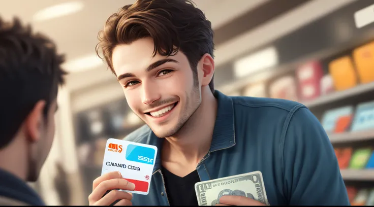 Create image of man holding credit card in hand, who is very happy and also place money behind the man