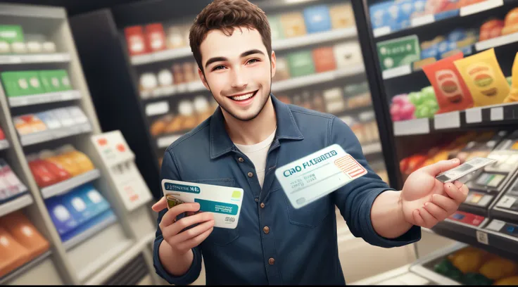 Create image of man holding credit card in hand, who is very happy and also place money behind the man