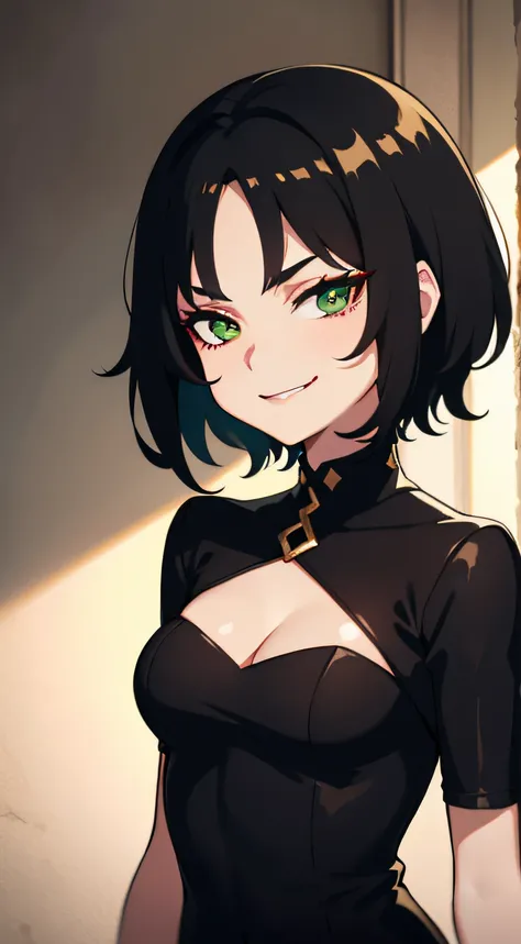 Young Girl, Short black hair, Green eyes, Black tight dress, Gold Element, Red Element, Black Eye Shadow, Green lipstick, Smirk, masutepiece, hiquality