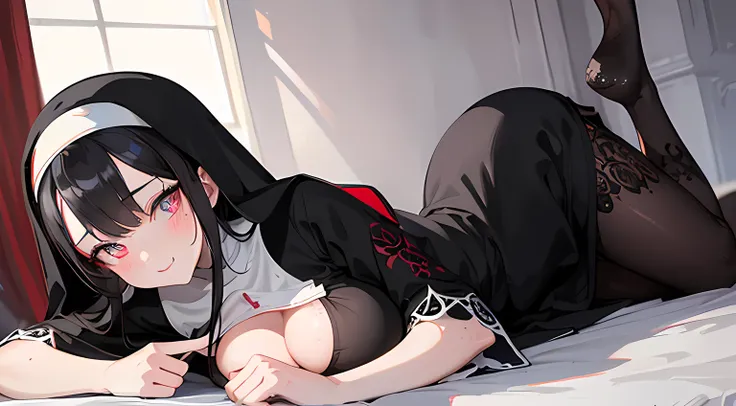 1 woman, a nun posing for a picture in bedroom, (black hair, red eye color, cat pupils), blushed face, nun outfit, big breast, a picture by void_0, pixiv, anime girls, seductive smile, licking her own lips, (beautiful detailed eyes:1.6), extremely detailed...