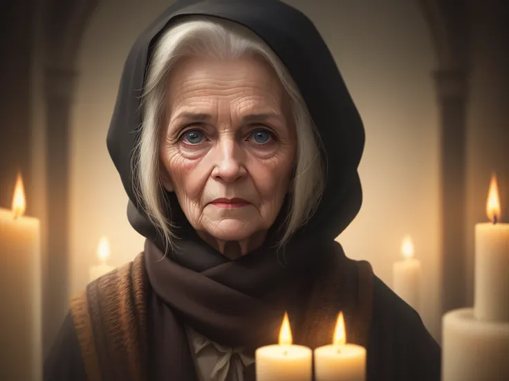 Intricate half body portrait of a very old Caucasian woman with wrinkles, illuminated by warm litted candles, with a backdrop of eerie dungeion . stunning interpretive visual, maximalist scarf and veil. f1.0lens, tilt-shift, shalllow DOF. dramatic lighting...