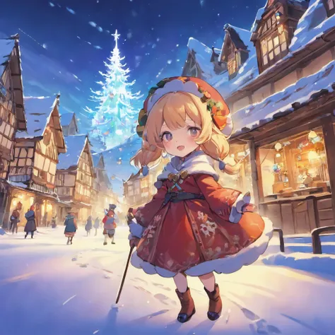 "*image*: An enchanting landscape of a snow-covered plateau with enchanting villages illuminated by colorful lights. Two playful elves adorned with sunglasses and pirate hats、Build a giant snowman for fun."