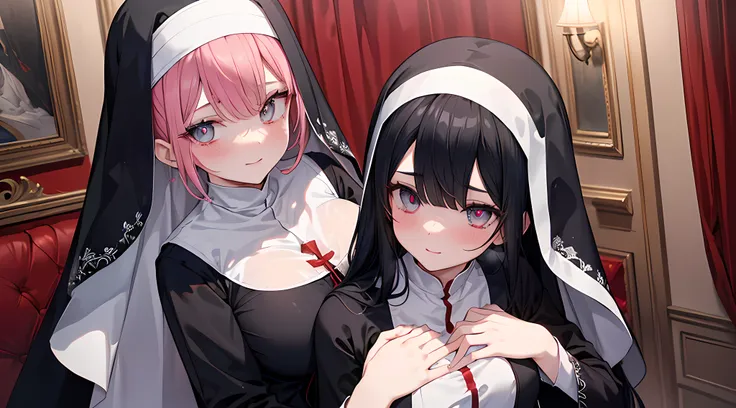 2 nun posing for a picture in bedroom, (black hair, red eye color), blushed face, nun outfit, big breast, (groping), hands on ch...