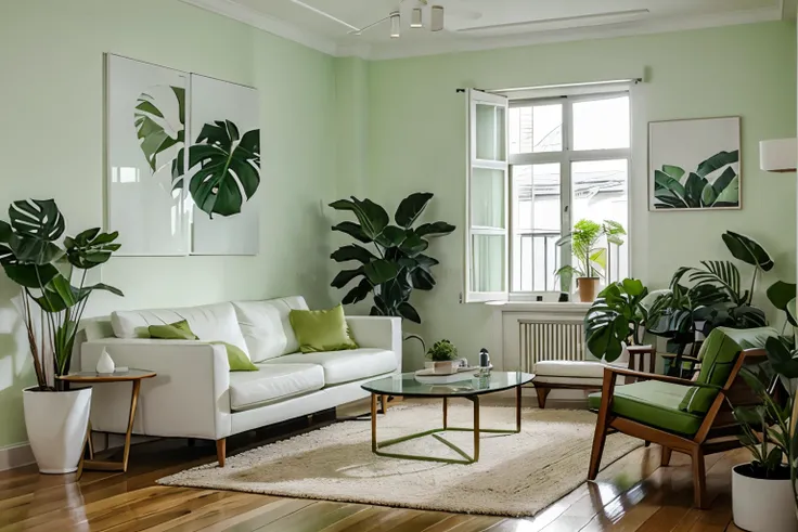 Modern interior design living room、white walls、Indoor Green、Monstera,A lot of greens