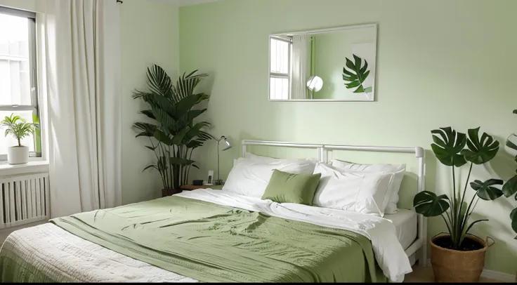 Modern interior design bed room、white walls、Indoor Green、Monstera,A lot of greens