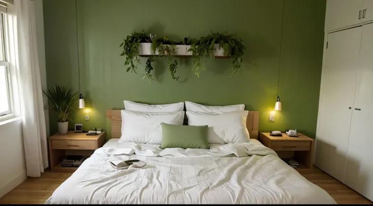 Modern interior design bed room、white walls、Indoor Green、Monstera,A lot of greens