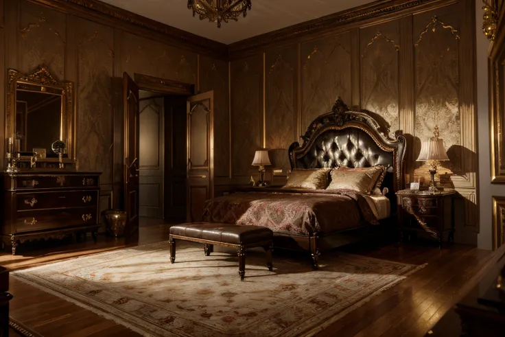 luxurious victorian era gothic bedroom interior detailed walls, rich ornate fabrics, (masterpiece:1.1) (painting:1.1) (weighted lines) (best quality) (detailed) (intricate) (8k) (HDR) (wallpaper) (cinematic lighting) (sharp focus)