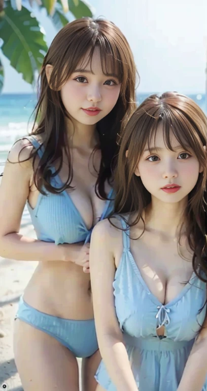 (Two girls of the same height:1.2) , couple focus,   Stand next to each other ,  Upper body, Adorable,14years,  japanaese girl, Looking at Viewer ,  (fril swimsuit:0.7),   Beach, Smile,   Medium Hair,  , (High color saturation:1.0), (highlydetailed skin), ...