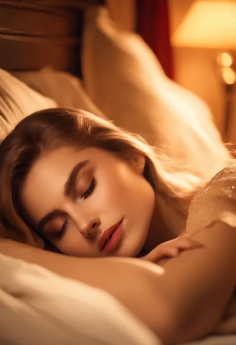 An 18-year-old European beauty sleeps quietly on the bed ,8K clarity,Warm lighting