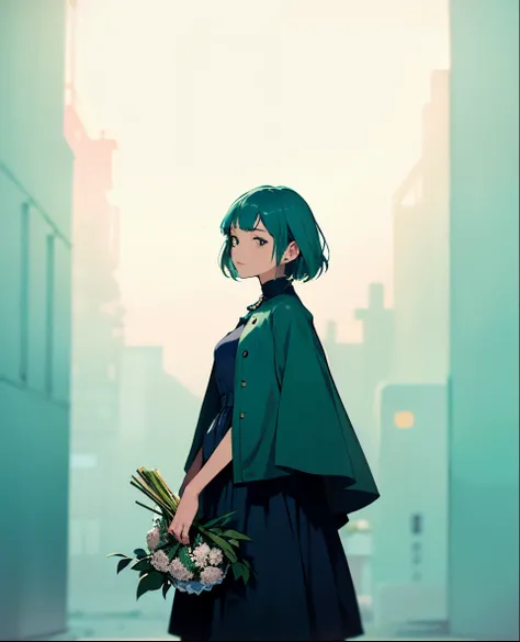 a woman standing in front of a white wall holding a bouquet, with short hair, lofi girl, with ivy, with teal clothes, with flowers, low quality photo, with cape, green clothes, photoshoot, smooth in _ the background, lofi girl aesthetic, 🤤 girl portrait, a...