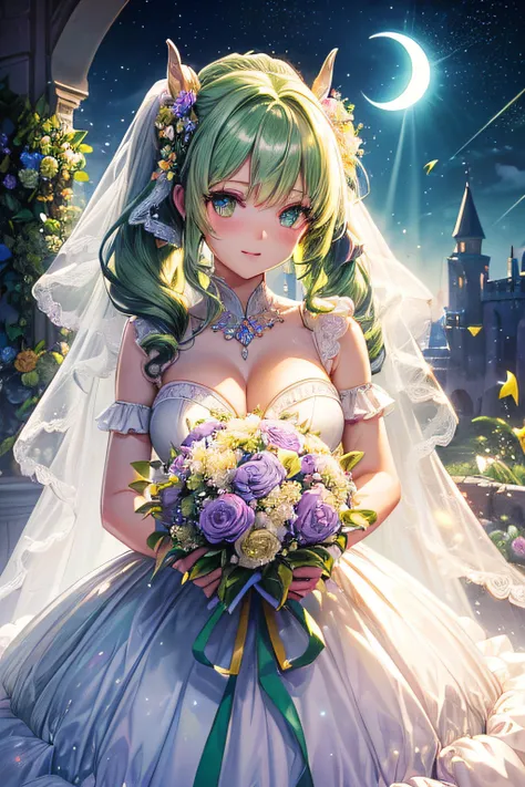 ((worst quality, low-quality)), ((girl)), Solo, (wedding dress), (((Longhaire, poneyTail, Green hair,):1.3)), (Big breasts), Hair over one eye, plump shiny lips, Beautiful clear eyes, Spoken Heart, Leaning forward, (Dynamic Pose:1.2), (((Beautiful colorful...