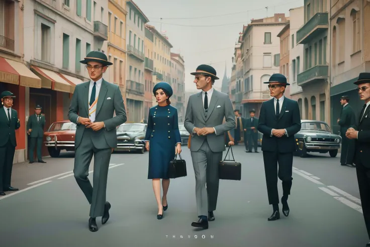 1965, Italy. Pre-raphaelite scene with a (very wide view) of a busy street, dispersed grey men, with suit, hat, briefcases and a cigar, all in grey, sinister vibes ((((suits clothing of the 1960s)))), ((Wes Anderson cinematic style)), colorful