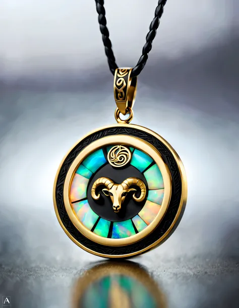 Item design, brand design, logo design,
(A black circular abstract pendant of Aries), (engraved with a golden little Aries), (a double opal: 1.3), (Aries zodiac symbol: 1.2), (pendant with Cindy Xu letters engraved on the side), (black leather rope), (blac...