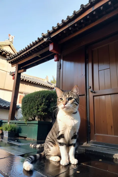 On the roof eaves of ancient Chinese buildings，a cat sitting there，Quietly looking into the distance。The spots on its body contrast with the white walls of the ancient building.，Create a magical and peaceful picture。