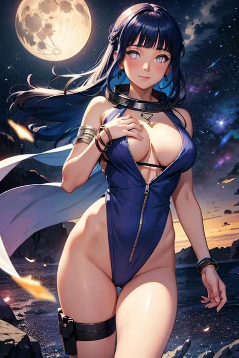 master part, high, high quality, detailed face, Detailed body, full body, slim body, nude, 1girl, solo, hinata hyuuga, blue hair, white eyes, nude shoulders, large breasts, necklace, bracelet, hair ornament, standing, happy, blushes, hands on own chest, ni...