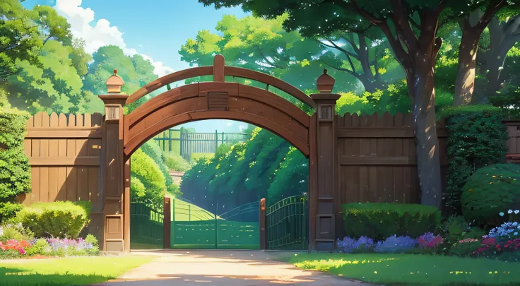 Generate a Ghibli-style scene: Imagine a serene landscape with lush grasses and a charming gate in warm sunlight. Picture a cute anime boy opening the gate and entering amidst vibrant foliage. Emphasize Ghiblis magic, positioning the boy and gate on the ri...