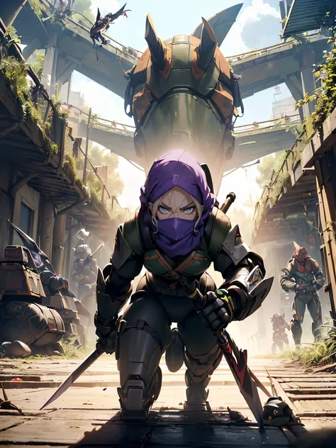 A female Teenage Mutant Ninja Turtle fighting an enemy:1.5, (A female Teenage Mutant Ninja Turtle:1.4), (a humanoid turtle who is trained in ninjutsu:1.3), (having a purple bandana and wielding a naginata:1.3), (the fifth member and the only girl of the te...