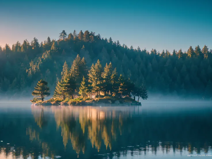 (Masterpiece), RAW, Photorealistic, Real photo, 8K, A small island floating in dense fog, several pine trees on the small island, the water surface is calm, the small island is reflected on the water surface, and the reflection is stunning, Proper Contrast...