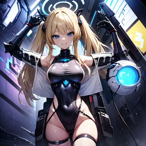 (8k,raytracing,1 girl, solo, Asuma_Toki), Blue_Archive, mature woman, gorgeous girl, blonde hair with colourful tips, long hair, hair between eyes, side bangs, grin, evil grin, medium breasts, cool hairpin accessory, futuristic halo above head, red and bla...