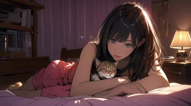 Girl with big breasts lying on bed holding kitten in dark room with moonlight, I put a record on next to the bed..