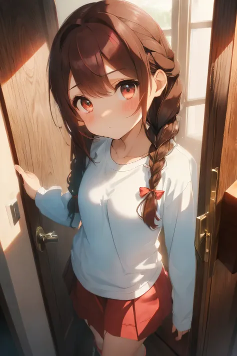 ((inside the entrance of your house)),((Slightly dim)),Long hair with soft volume,dark brown hair,(Braided shorthair),Slightly red tide,Red ribbons,(Brown eyes),((Plain white long sleeve T-shirt)),(Pink and light blue fluffy ruffle skirt),(Girls 10 and und...