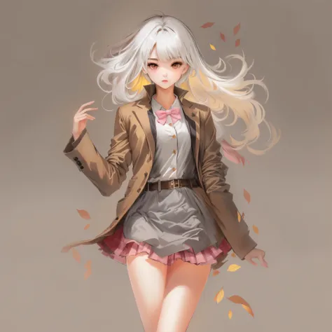 2 girls, break ((yellow short hair)+brown eyes, brown jacket, grey skirt, pink bow) break , (long white hair+red eyes, brown jac...