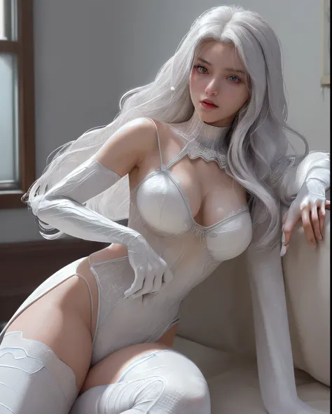 (Extreme Detail CG Unity 8K wallpaper, masterpiece, highest quality), (Exquisite lighting and shadow, highly dramatic picture, Cinematic lens effect), a beautiful girl in a white Spider-Man costume, white lingerie, silver gray hair color, long hair, from t...