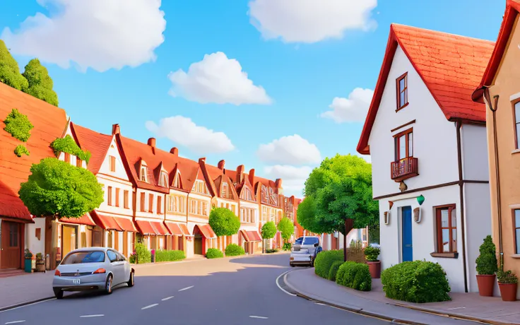 european town，blue-sky，The weather was nice，Sunnyday，The light perception is good，Green plants on both sides of the street，brick red roof，white wall，Wooden house