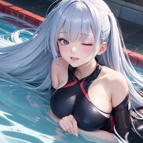 Highly detailed CG Unity 8K wallpapers、top-quality、ultra-detailliert、​masterpiece、realisitic、Photo Real、extremely detailed cute girl、(25-years old)、red blush、roundly eyes、Big breasts、Face and chest close-up、swimming race suit、in poolside、（all-fours）reallis...