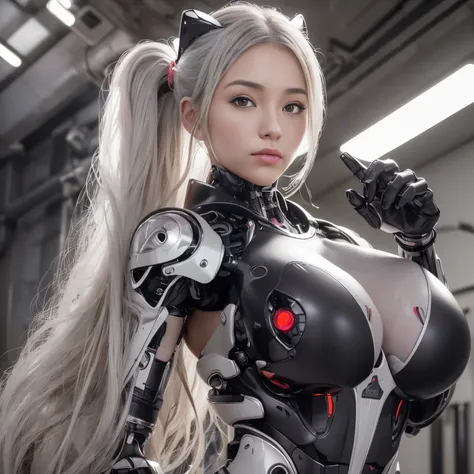 Beautiful Face,face is Japan, 1 Woman, Big, Curvaceous, (16k, RAW photo, top quality, masterpiece: 1.2), (HDR, Realistic, Photorealistic: 1.37) (tube attached to the body), (Bikini Cyborg robot parts)))), (light gray hair), Long hair, Wavy hair, Twin tails...