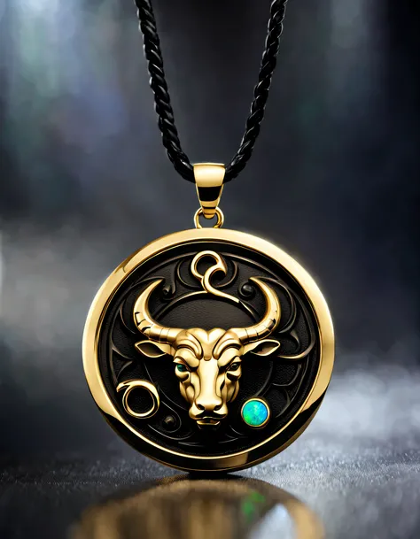 antonio canova style，Item design, Brand design, Logo design, (Abstract Taurus black round pendant), (Engraved with a golden calf head), (double opal: 1.3), (Taurus zodiac symbol: 1.2), (Cindy Xu letters are engraved on the side), (Black leather rope), (Bla...