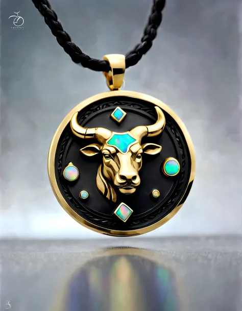 antonio canova style，Item design, Brand design, Logo design, (Abstract Taurus black round pendant), (Engraved with a golden calf head), (double opal: 1.3), (Taurus zodiac symbol: 1.2), (Cindy Xu letters are engraved on the side), (Black leather rope), (Bla...