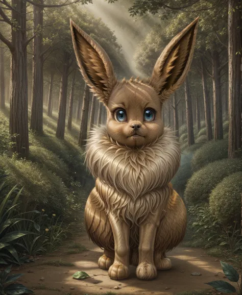 masterpiece, ((eevee) feral), looking at viewer,sharp blue eyes,full body portrait, lush green forest background, mysterious atm...