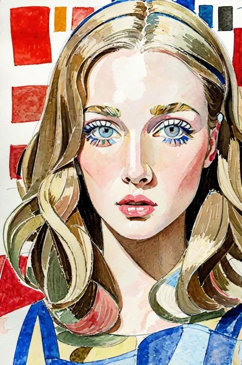 Sketched, watercolor paiting, Collage of Picasso and Robert Delaunay, cubism, Abstract, Cute daughter, big clear blue eyes, Little red cheeks, Blonde long-haired, Face-centric, Against the backdrop of newspapers and fashion magazines, Intricate Brushwork, ...