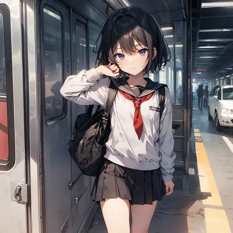 God quality, anime moe artstyle,best anime 8k konachan wallpaper,badass anime 8k,perfect anatomy, (Please draw a girl walking sleepily to school. ),break, 1girl, (Solo,Loli,child,13-year-old:1.3),a junior high school student, androgynous charm, (Very Short...