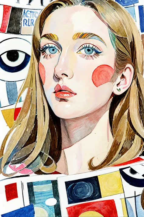 Sketched, watercolor paiting, Collage of Picasso and Robert Delaunay, cubism, Abstract, Cute daughter, big clear blue eyes, Little red cheeks, Blonde long-haired, Face-centric, Against the backdrop of newspapers and fashion magazines, Intricate Brushwork, ...