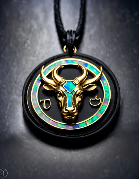 antonio canova style，Item design, Brand design, Logo design, 
(Abstract Taurus black round pendant), (Engraved with a golden calf head), (double opal: 1.3), (Taurus zodiac symbol: 1.2), (Cindy Xu letters are engraved on the side), (Black leather rope), (Bl...