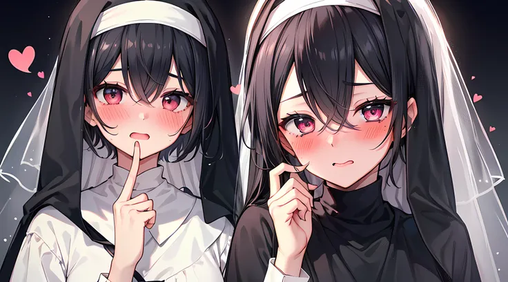 masterpieces, 8k, ultra hd, prim, clothing, elegant pose, hand, nun, white veil, black hair, glare, (blushing: 1.5), open mouth,...