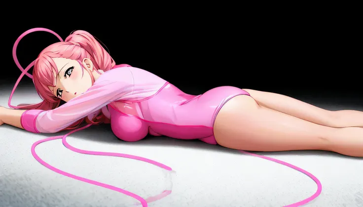 Woman in pink leotard lying on the floor, Lying Dynamic Pose, Pink body, bubblegum body, desperate pose, asuka suit under clothes!, Smooth Anime CG Art, photorealistic anime girl render, humanoid pink female squid girl, relaxed poses, lie down on her back,...