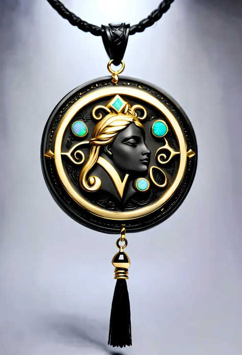 antonio canova style，Item design, Brand design, Logo design, (Abstract Virgo black round pendant), (Golden engraved head of Virgo), (double opal: 1.3), (Virgo horoscope symbol: 1.2), (Cindy Xu letters are engraved on the side), (Black leather rope), (Black...