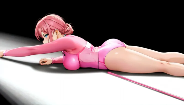 Anime girl in a pink leotard lying on the floor with a pink pole, Lying Dynamic Pose, Pink body, Strongest Pose, beautiful anime girl squatting, pink twintail hair and cyan eyes, photorealistic anime girl render, Smooth Anime CG Art, 3d anime girl, bubbleg...