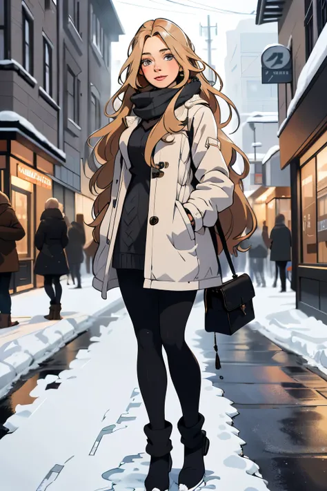 professional portrait photograph of a gorgeous Norwegian girl in winter clothing with long wavy blonde hair, sultry flirty look, gorgeous symmetrical face, cute natural makeup, wearing elegant warm winter fashion clothing, ((standing outside in snowy city ...