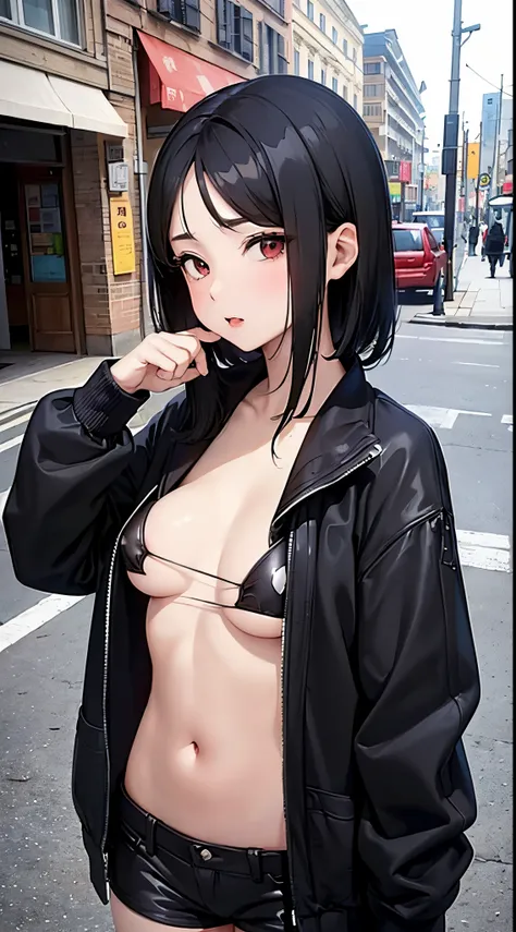 girl with black hair,(((Chiquita))), (((very flat chest)))、(((AA Cup)))、(((small tit)))、(((Exposing breasts))), (((photo shot))), In the street、Trending on ArtStation, 8K分辨率, extremely detailed picture,NSFW