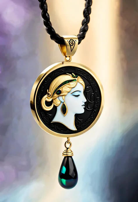 antonio canova style，Item design, Brand design, Logo design, (Abstract Virgo black round pendant), (Golden engraved head of Virgo), (double opal: 1.3), (Virgo horoscope symbol: 1.2), (Cindy Xu letters are engraved on the side), (Black leather rope), (Black...