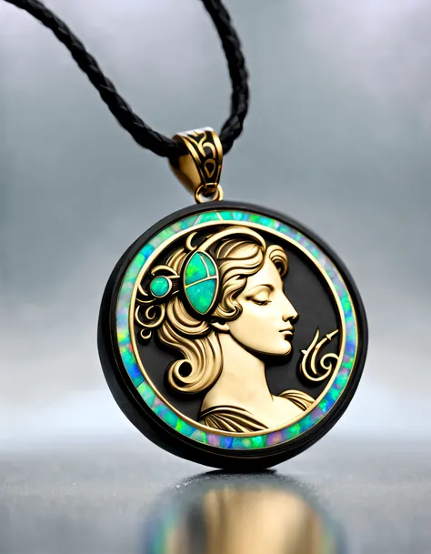 antonio canova style，Item design, Brand design, Logo design, (Abstract Virgo black round pendant), (Golden engraved head of Virgo), (double opal: 1.3), (Virgo horoscope symbol: 1.2), (Cindy Xu letters are engraved on the side), (Black leather rope), (Black...