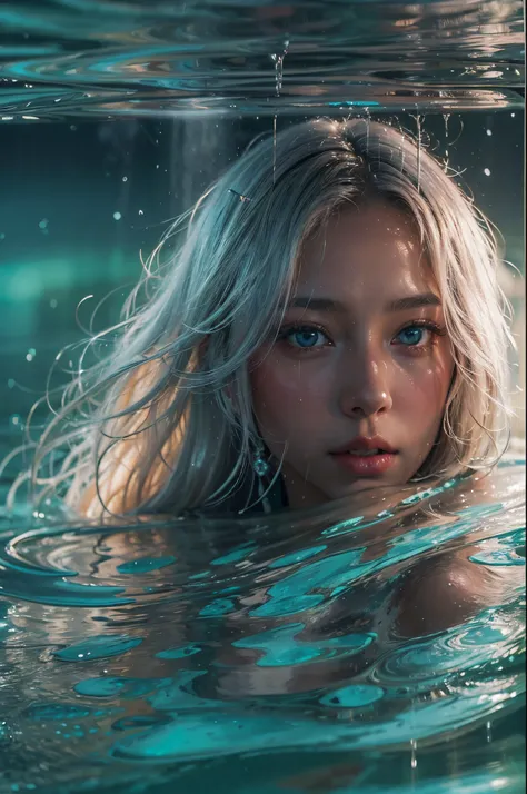 (abstract art:1.5),  (soft light, soft glow:0.8), 25-yo sweden girl, Silver long hair, blue eyes, perfect tanned skin, perfect face, small breasts, wet shirt, night, tranquil atmosphere,liquids:1.3, Floating in the sea,Satisfied face