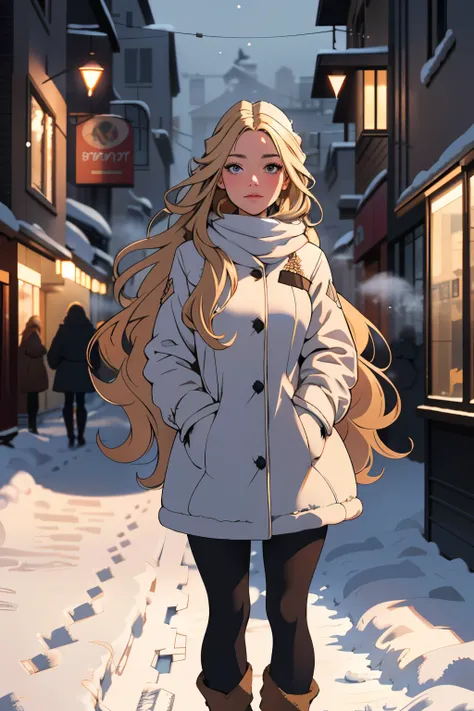 professional portrait photograph of a gorgeous Norwegian girl in winter clothing with long wavy blonde hair, sultry flirty look, gorgeous symmetrical face, cute natural makeup, wearing elegant warm winter fashion clothing, ((standing outside in snowy city ...